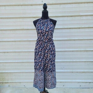 NWT My Street Women's Navy Blue Pink Floral High Neck Rayon Jumpsuit sz M